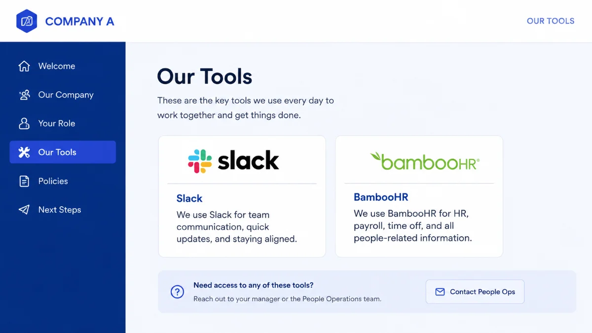The onboarding portal customized for Company A — blue branding, Slack, BambooHR