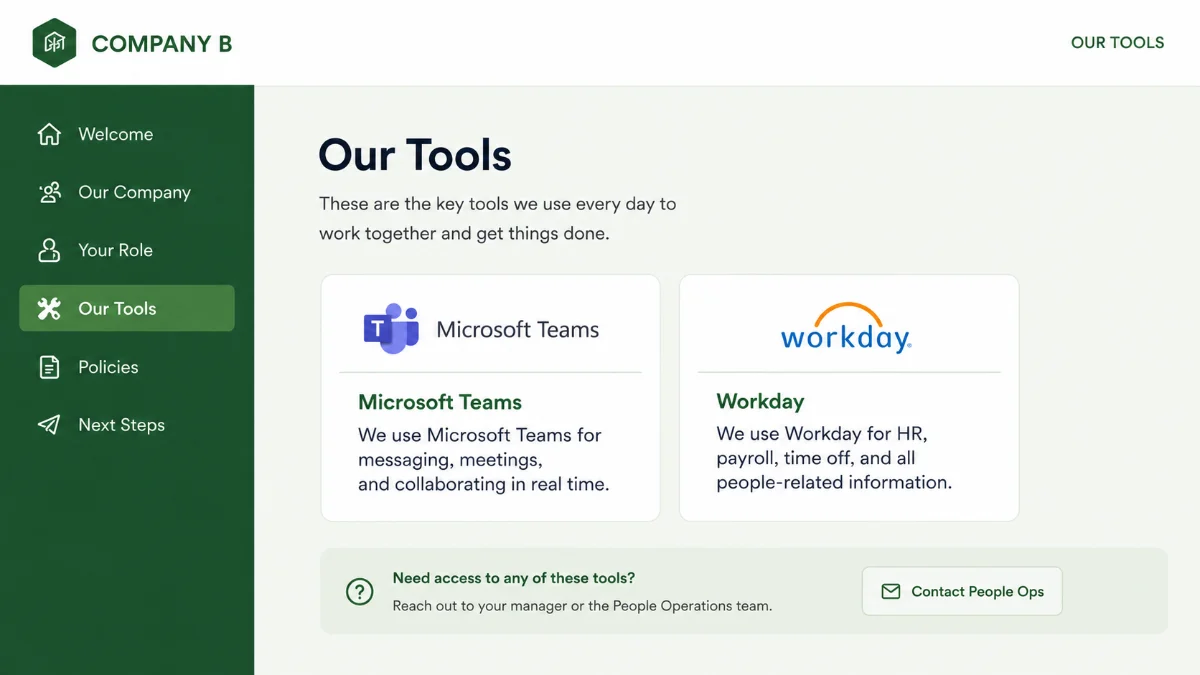 The same onboarding portal customized for Company B — green branding, Microsoft Teams, Workday