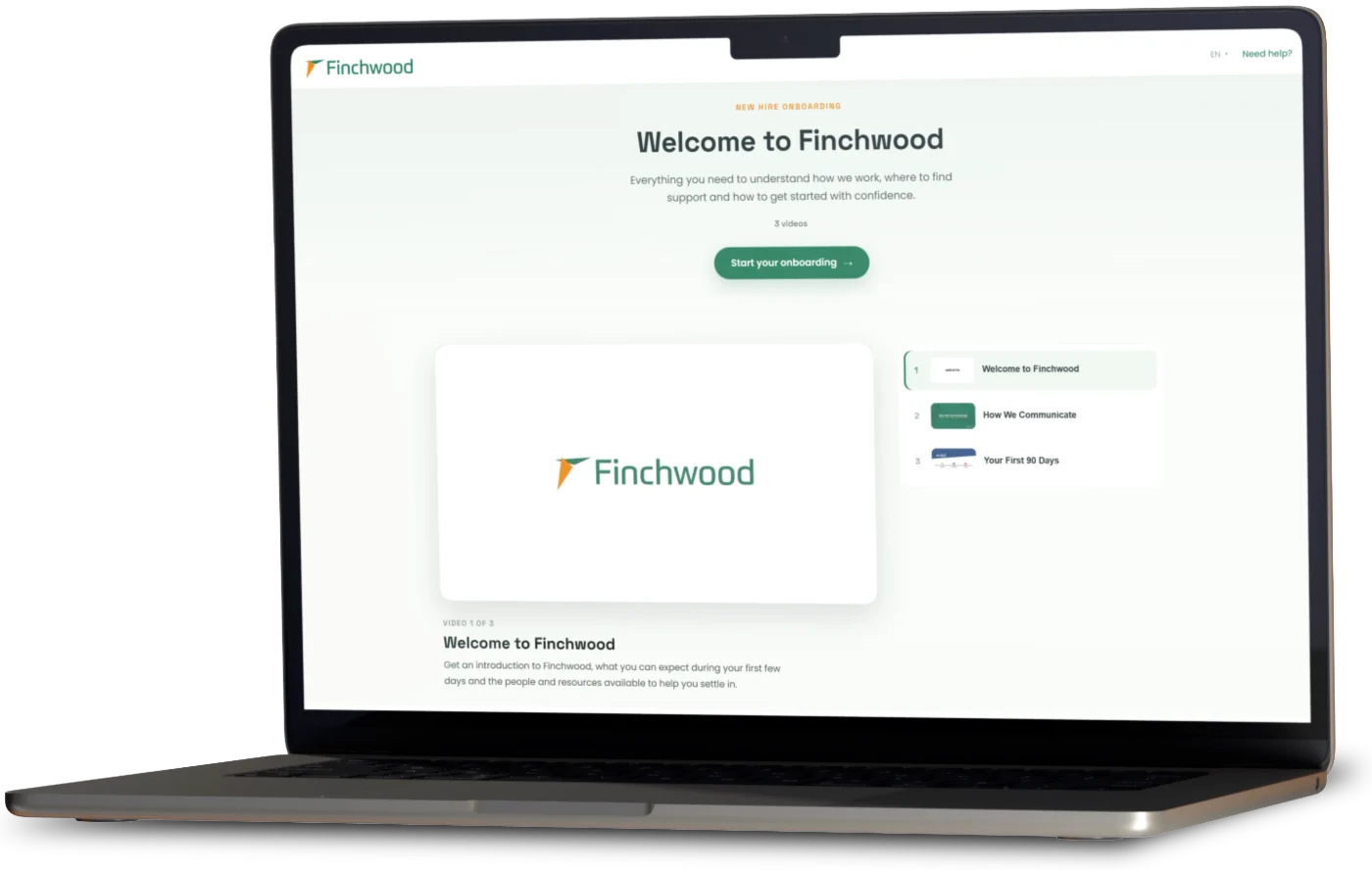 A branded ONBOARD portal for Finchwood, a fictional company, open on a laptop
